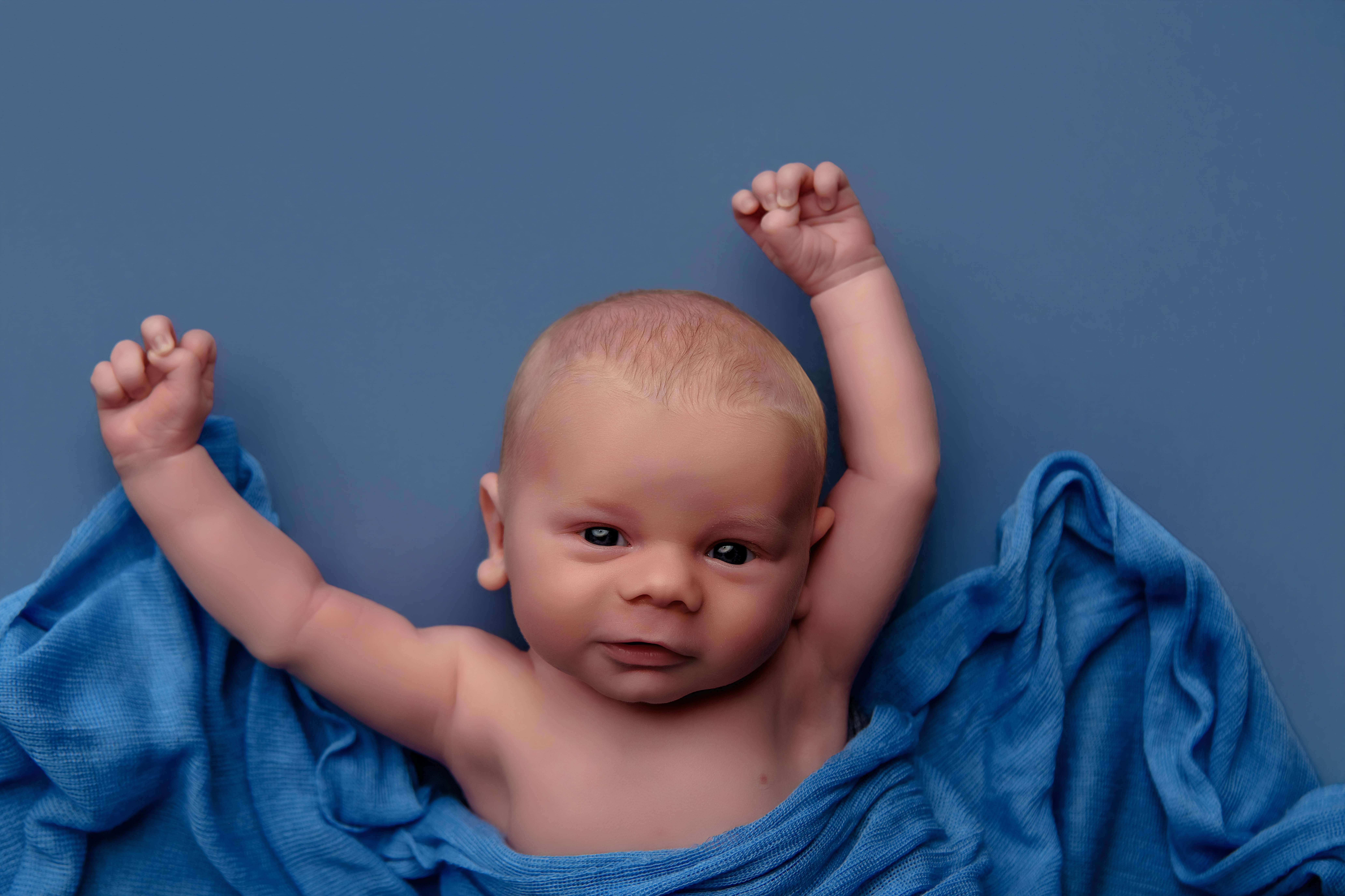 newborn baby boy posed comfortably on a blue backdrop for a modern newborn session in the gulf coast area of alabama